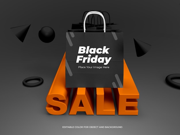 3d objects and Shopping Bag for Black Friday Black Mockup