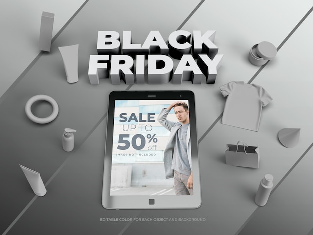 3d objects and tablet for black friday mockup