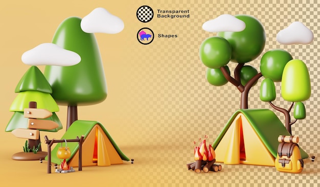 3d obóz letni w lesie z namiotem z ogniskiem plecak drewniany znak strzały Rendering kreskówki krajobraz z drzewami kempingu kręgle na ogniu Sprzęt do podróży turystyki wypoczynku