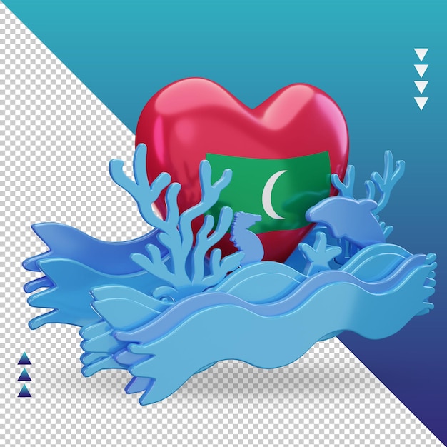 PSD 3d-oceaan dag maldiven liefde vlag rendering linker weergave