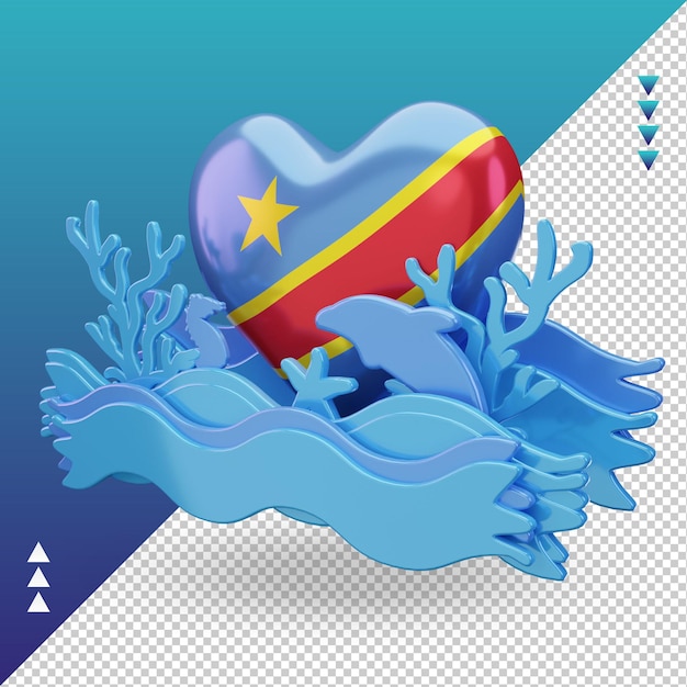 PSD 3d ocean day bandiera d'amore del congo democratico che mostra la vista di destra