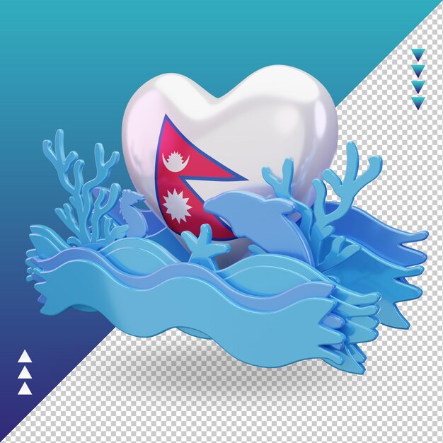 PSD 3d ocean day nepal love flag rendering right view