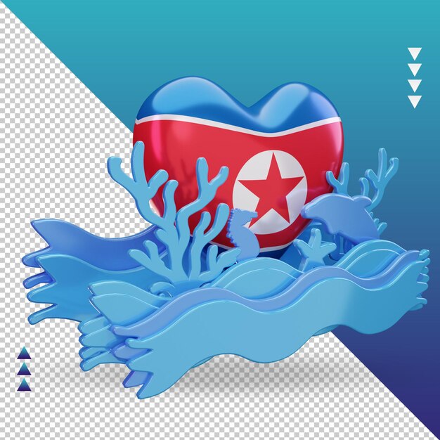 3d ocean day north korea love flag rendering left view