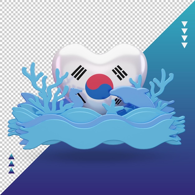 PSD 3d океан день южная корея любовь рендеринг флага вид спереди