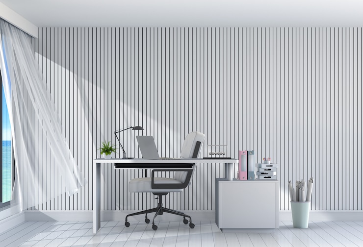 PSD 3d odpłacają się wewnętrzny nowożytny żywy izbowy workspace z biurkiem i laptopem