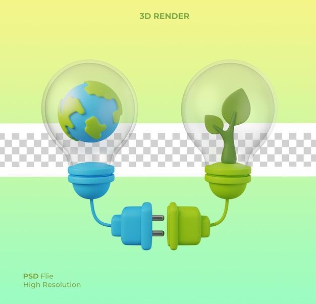 PSD 지구의 날 3d는 플러그가 있는 전구 안에 세계 환경 개념 묘목과 지구 행성을 저장합니다.
