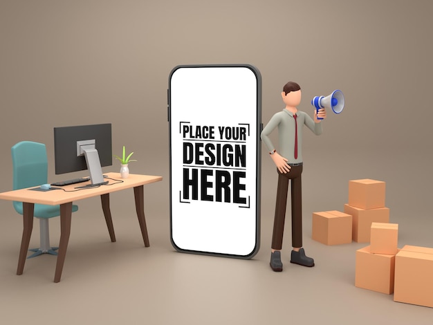 3Dオフィスビジネスマン携帯電話モックアップ