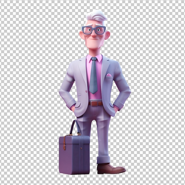 PSD 3d старый бизнесмен стоит с портфелем на прозрачном фоне psd