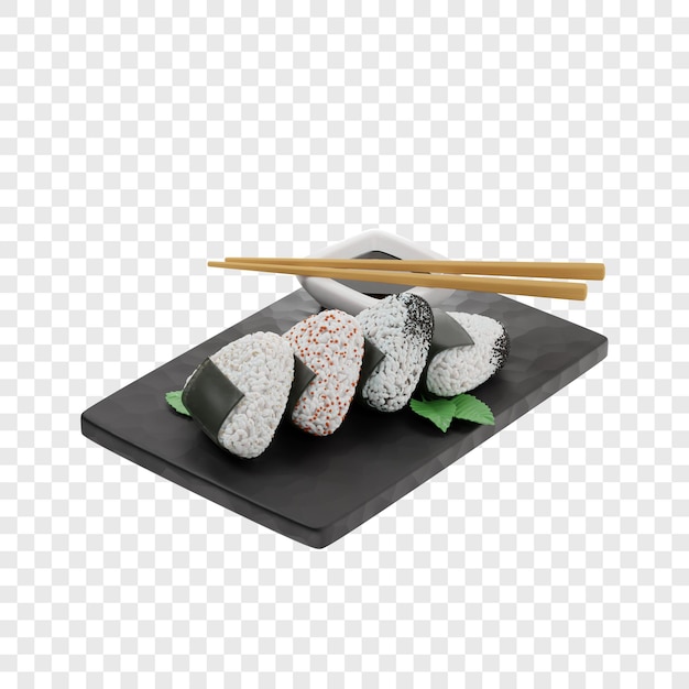 PSD 3d onigiri on a black slate board next to chopsticks soy sauce traditional japanese dish