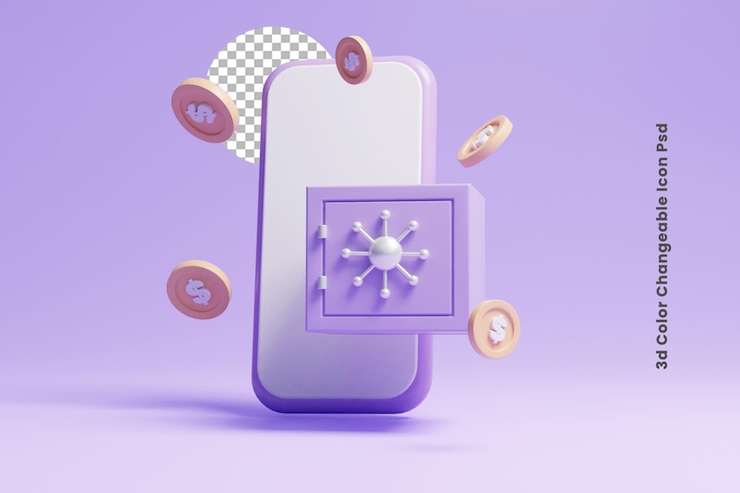 PSD 3d online saving money on back or 3d saving money on bank with phone and floating coin