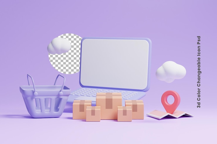 PSD 3d концепция онлайн-покупок или 3d дизайн концепции службы определения местоположения булавки для онлайн-доставки