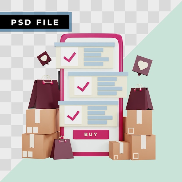 PSD illustrazione dello shopping online 3d scopri il rendering 3d del prodotto