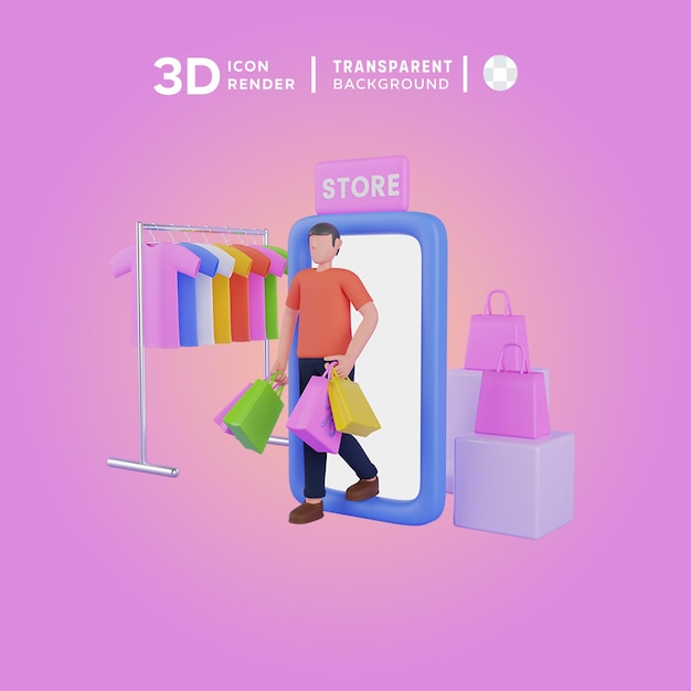 PSD illustrazione della scena dello shopping online in 3d