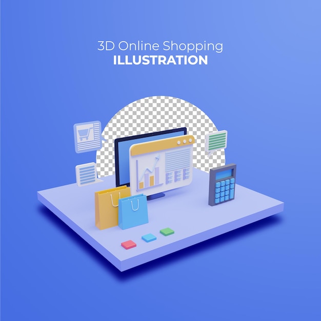 Концепция интернет-магазина 3d с компьютером и значками на синем фоне