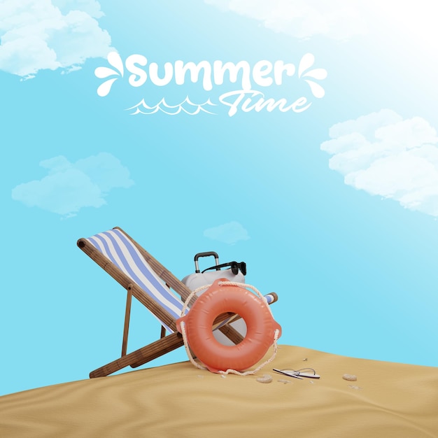 3d ontwerp van de de zomerreis met strand achtergrond exemplaar ruimtegebied
