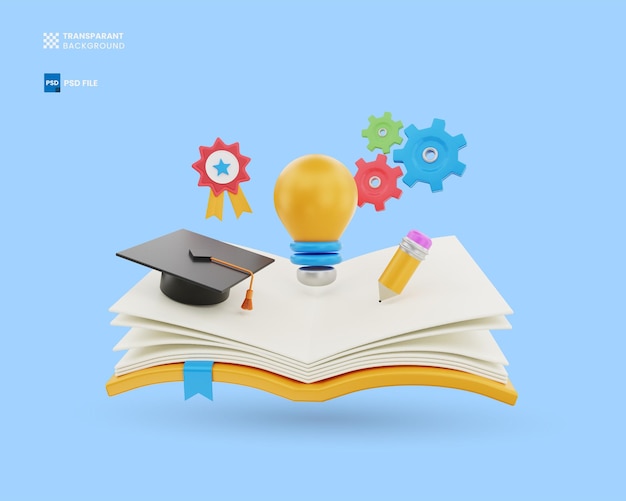 PSD 3d open book with lamp toga gear pencil education concept 3d rendering icon illustration