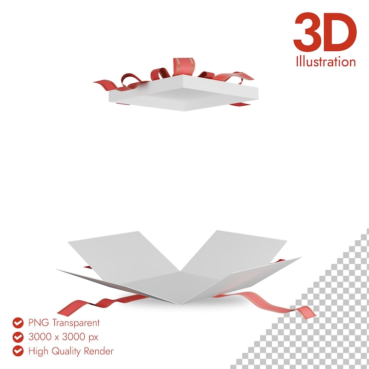 PSD 3d open geschenkdoos met rood lint
