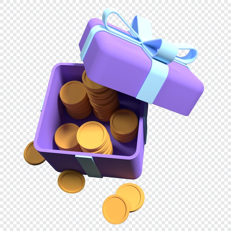 PSD 3d open gift box with coins and ribbon money prize reward earn point and get rewards 3d rendering illustration
