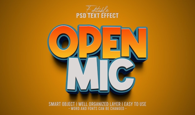 PSD 3d open mic editable text effect template