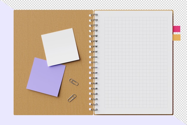 PSD 3d open spiral notebook memo sticky notes paper clip