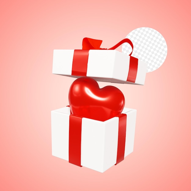 3d open white box with a red bow and a heart inside isolated 3D rendering