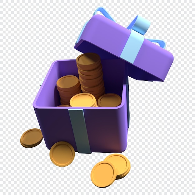 PSD 3d otwarte pudełko z monetami i wstążką nagroda pieniężna zdobądź punkt i zdobądź nagrody ilustracja renderowania 3d