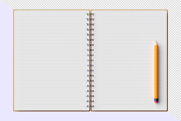 PSD 3d otwarty spiralny notebook wyłożony papierem żółty ołówek