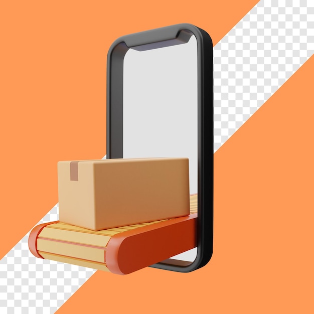 3d package on conveyor inside phone illustration with transparent background