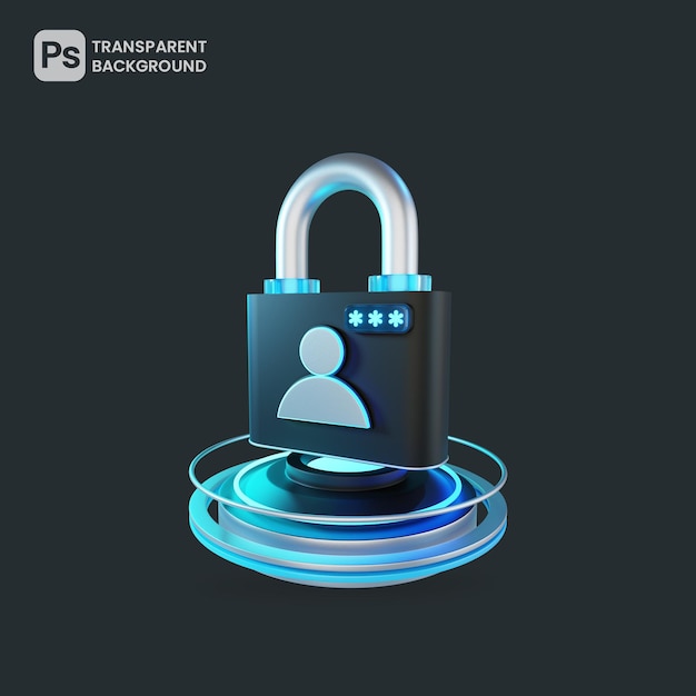 PSD 3d padlock flying over blue neon podium