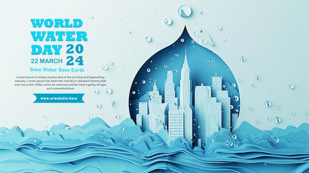 PSD 3dペーパーアートとデジタルクラフトスタイルのイラスト - 水の滴水の中の都市 - 水の日コンセプト