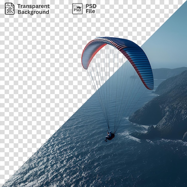 PSD 3d 패러글라이더가 은 파란 하늘과 물, 그리고 멀리서 파란 카이트와 함께 해안 위를 날고 있습니다.