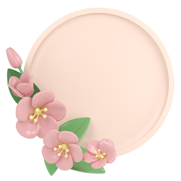 PSD 3d pastel pink corner cherry flowers with round frame botanical spring arrangement floral bouquet