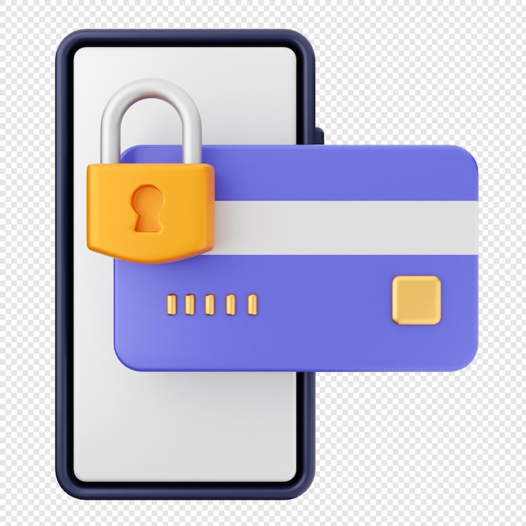 PSD 3d payment shield protection security credit card padlock smartphone