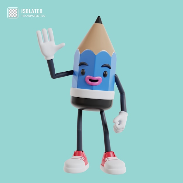 3d pencil cartoon character waving hand saying hi