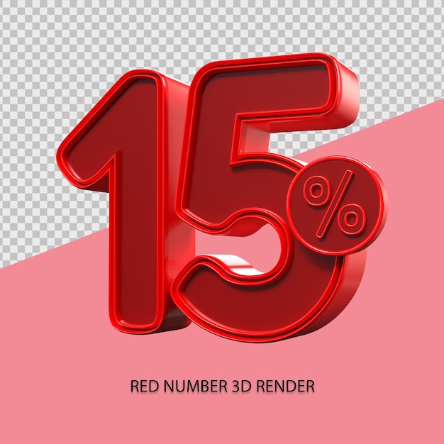 Numero percentuale 3d 15 colore rosso per elemento di vendita venerdì nero, elemento di sconto