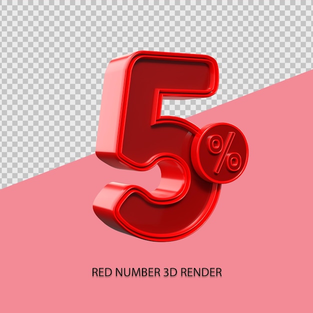 Percentuale 3d numero 5 colore rosso per elemento di vendita del venerdì nero, elemento di sconto