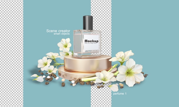 PSD 3d perfume bottle illustration among flowers