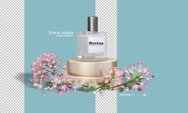 PSD 3d perfume bottle illustration among flowers