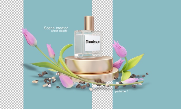 3d perfume bottle illustration among flowers