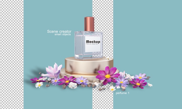 3d perfume bottle illustration among flowers