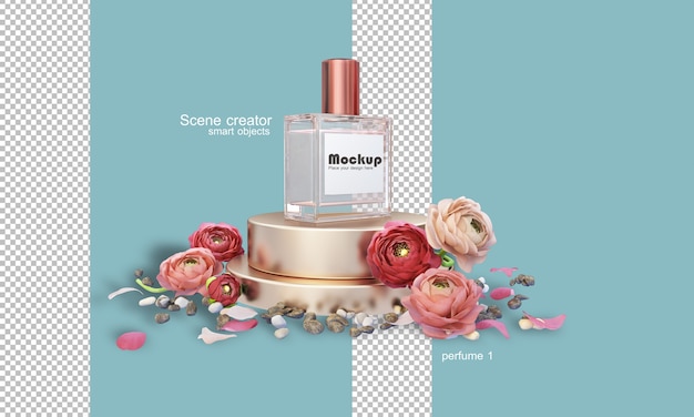 3d perfume bottle illustration among flowers