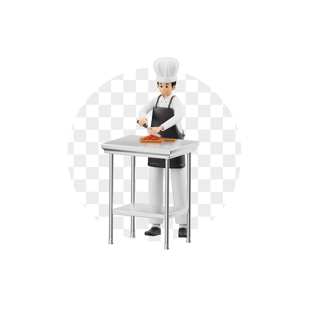3D-personage chef-kok die wortels snijdt