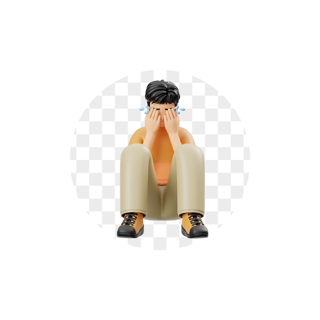 3D personage Geestelijke gezondheid Droevige jonge man zit