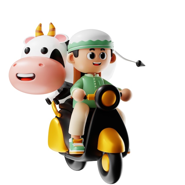 3d-personage jongen rijdt op een motorfiets met een koe pose