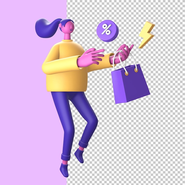 3d-personage met boodschappentas promokorting en flitser voor ui ux web mobiele apps sociale media