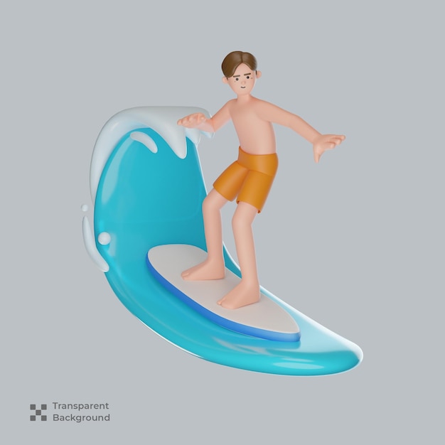 3d-personage surfen in de zee