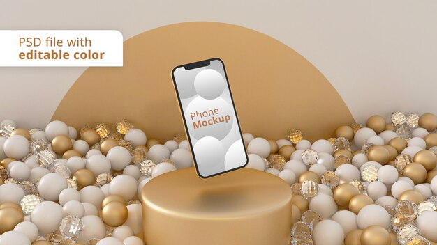 PSD 3d phone mockup on podium with many different spheres