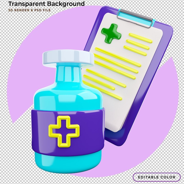 3d pictogram medische controle taak klembord met fles