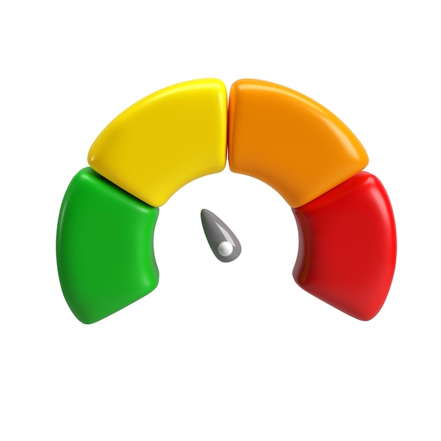 PSD 3d-pictogram snelheidsmeter meter met pijl voor dashboard met groen geel oranje en rode indicatoren