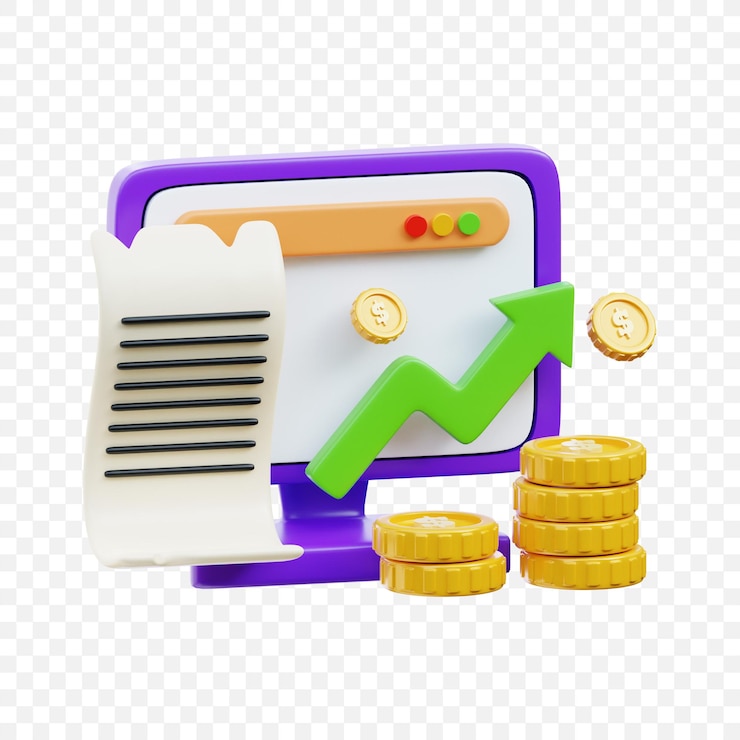 PSD 3d-pictogram van financiële groei met computergroene pijl gouden munten en papieren verslag voor bedrijven